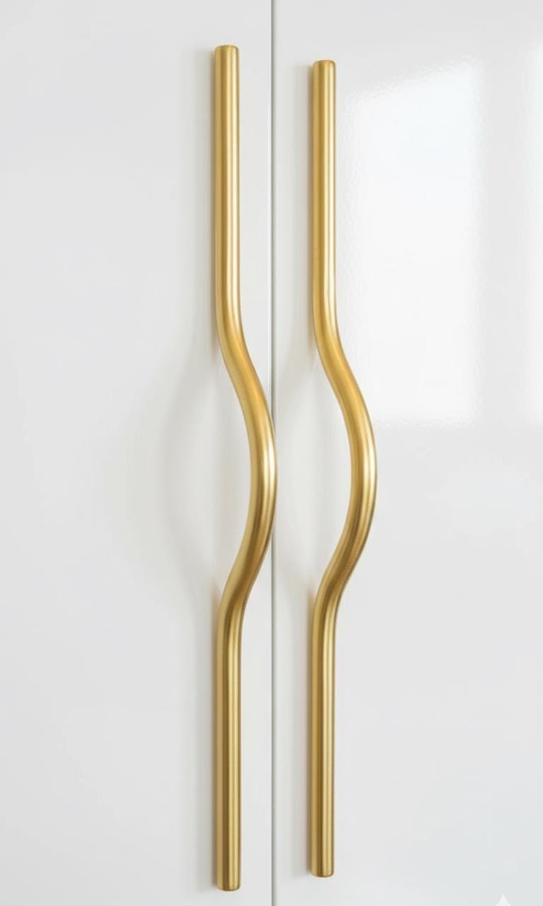 Unlacquered Brass Curved Arch Cabinet Handles.