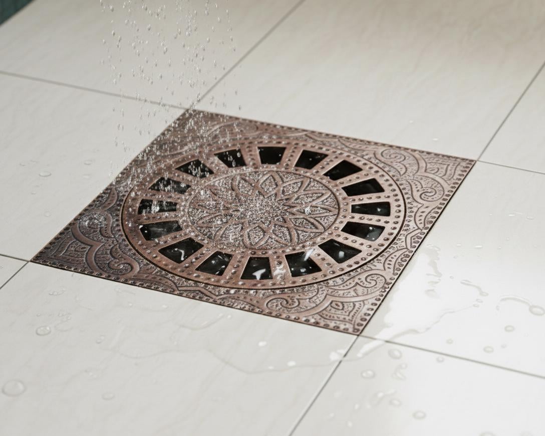 Square Floor Drain - Engraved Antique Copper Shower Drain, Handmade in Morocco, Unique Etched Drain, Handcrafted Decor