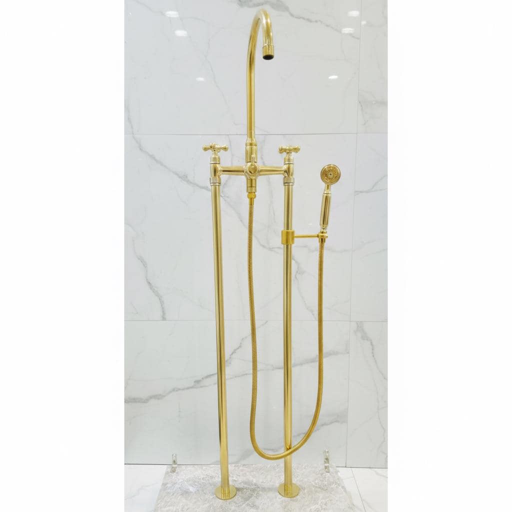 Unlacquered Solid Brass Freestanding Tub Filler, Floor Mounted with Hand Shower.