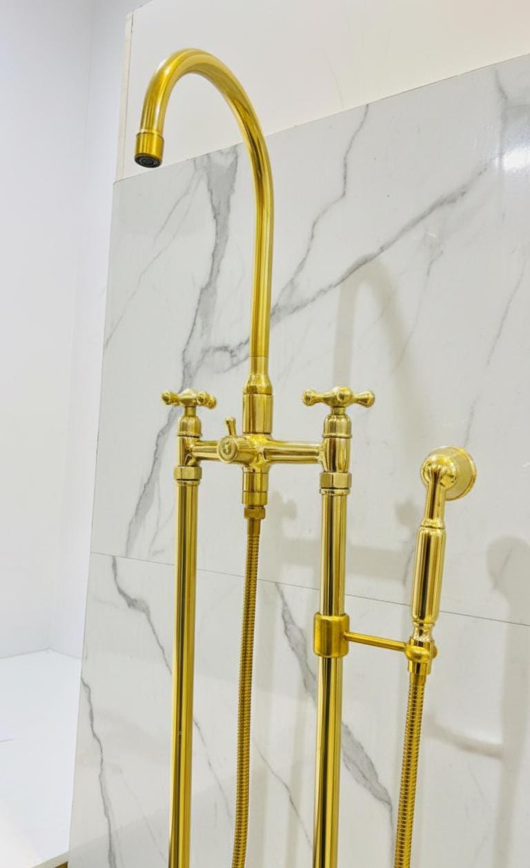 Unlacquered Solid Brass Freestanding Tub Filler, Floor Mounted with Hand Shower.