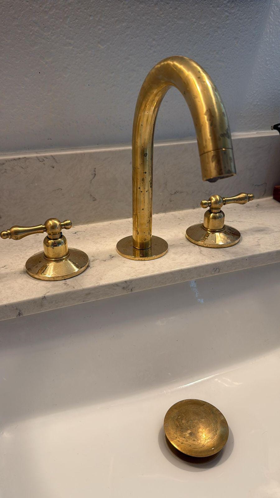 Unlacquered Brass Bathroom Faucet: Widespread Dual Handle 3-Hole Sink.