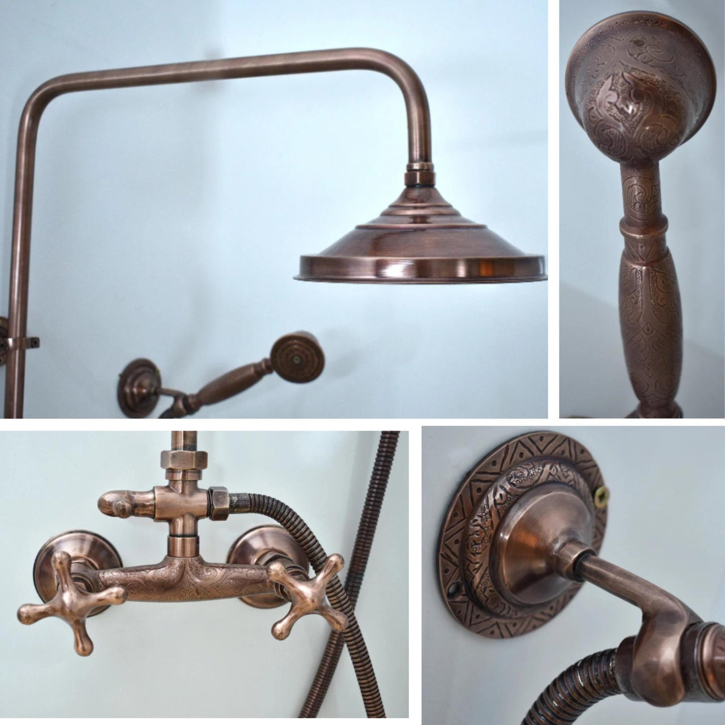 Unlacquered Copper Shower System, Aged Copper Shower, Shower.