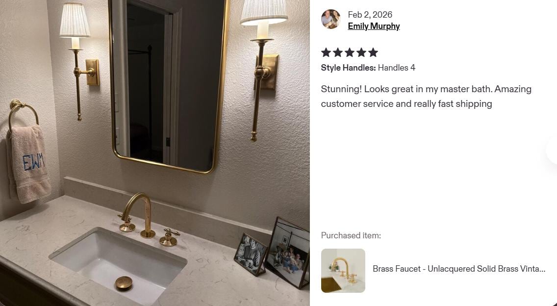 Unlacquered Brass Bathroom Faucet: Widespread Dual Handle 3-Hole Sink.