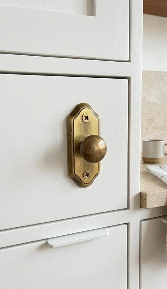 Vintage Brass Cabinet Knob with Backplate, Mid-Century Modern Dresser Hardware