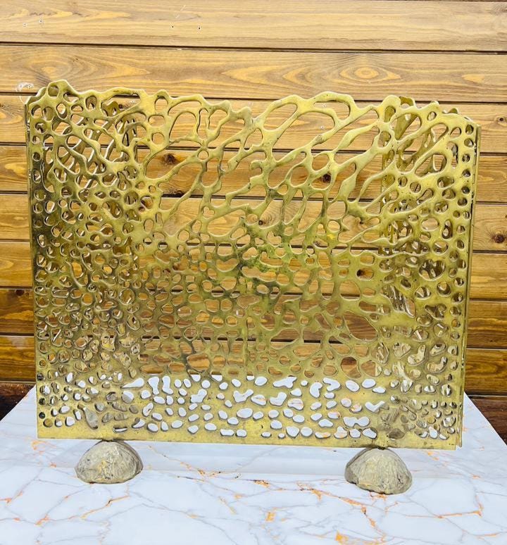 Unlacquered Solid Brass Fireplace screen with 3 panel screen, living room decor.