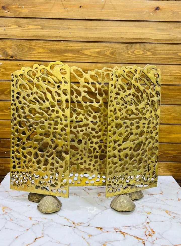 Unlacquered Solid Brass Fireplace screen with 3 panel screen, living room decor.