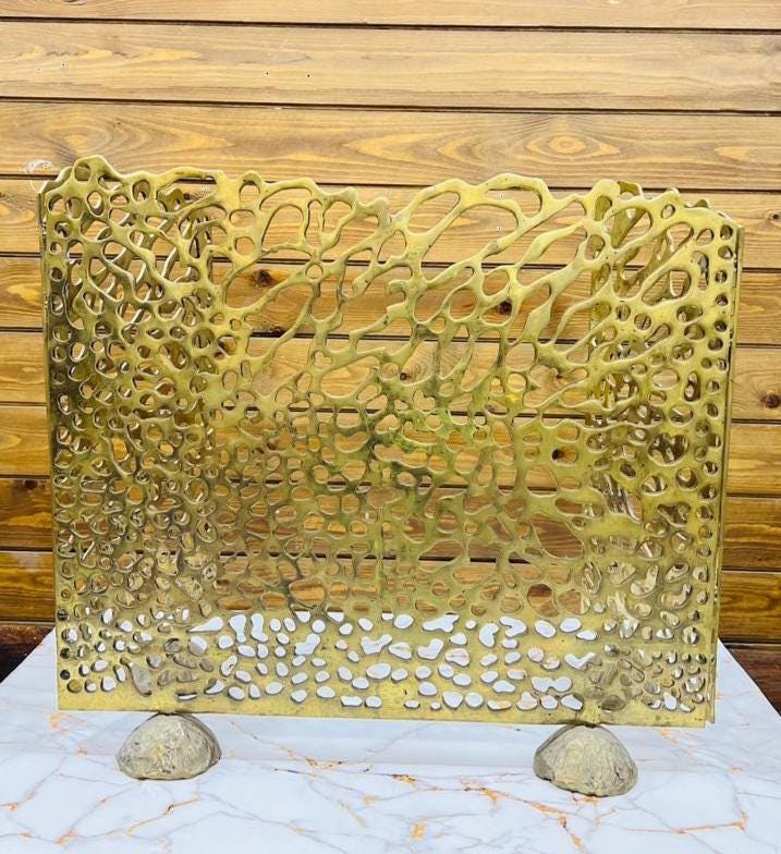 Unlacquered Solid Brass Fireplace screen with 3 panel screen, living room decor.