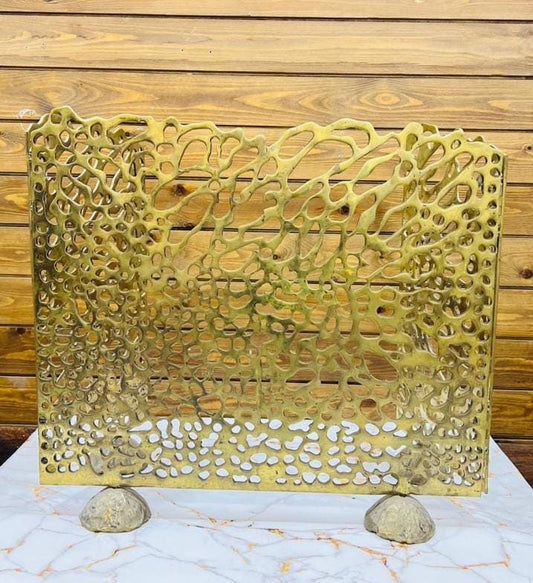 Unlacquered Solid Brass Fireplace screen with 3 panel screen, living room decor.