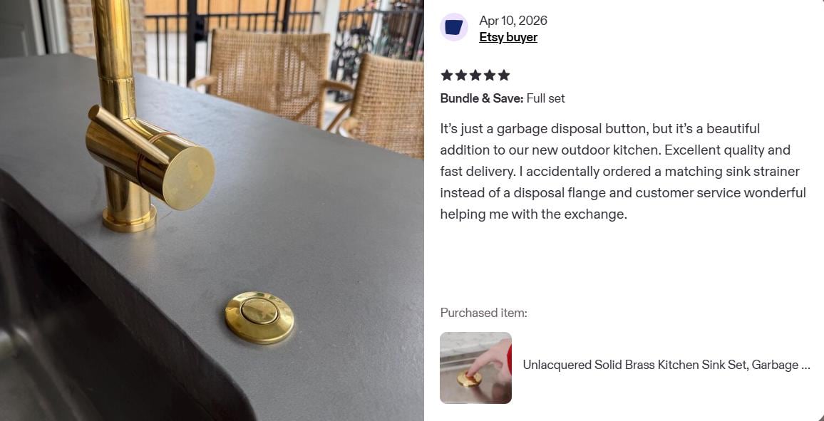 Unlacquered Solid Brass Kitchen Sink Set, Garbage Disposal Air Switch and Strainer.