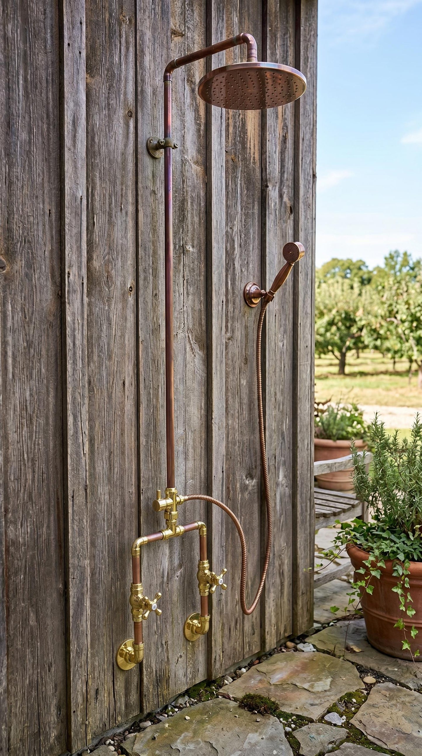 Unlacquered Solid Copper Outdoor Shower System with Handheld.