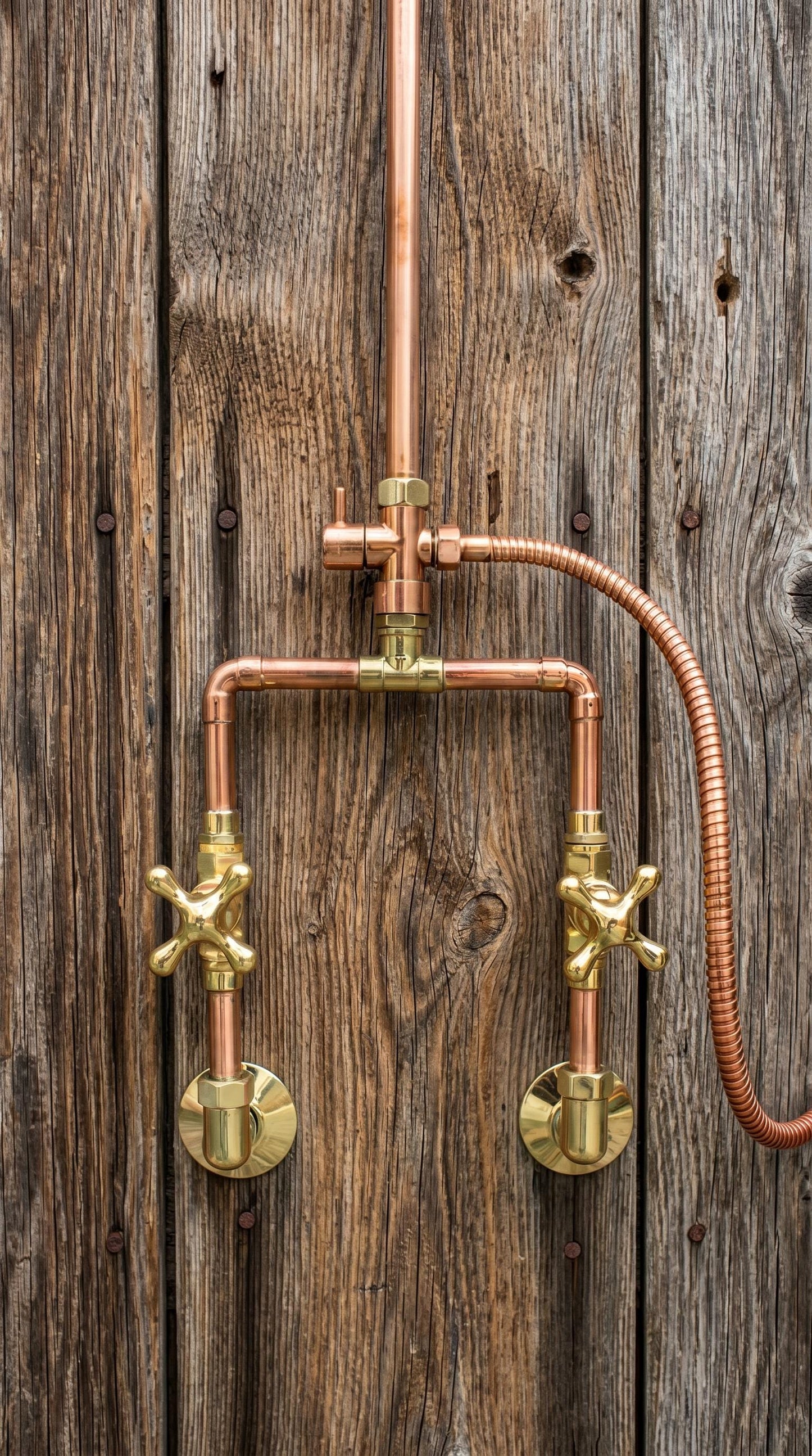 Unlacquered Solid Copper Outdoor Shower System with Handheld.