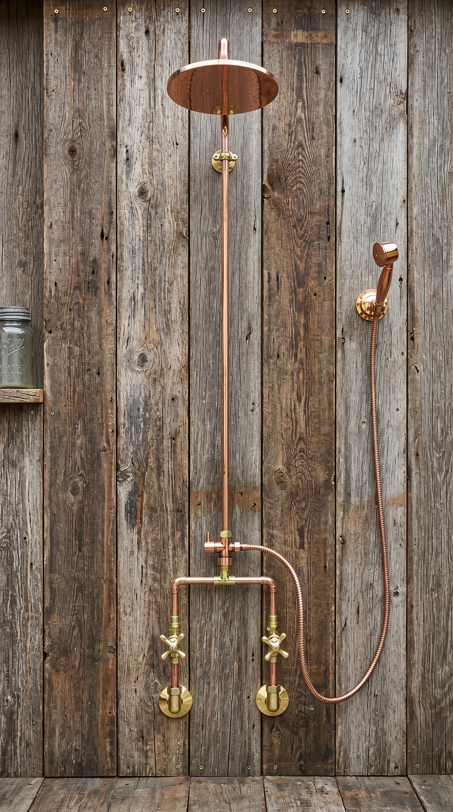 Unlacquered Solid Copper Outdoor Shower System with Handheld.