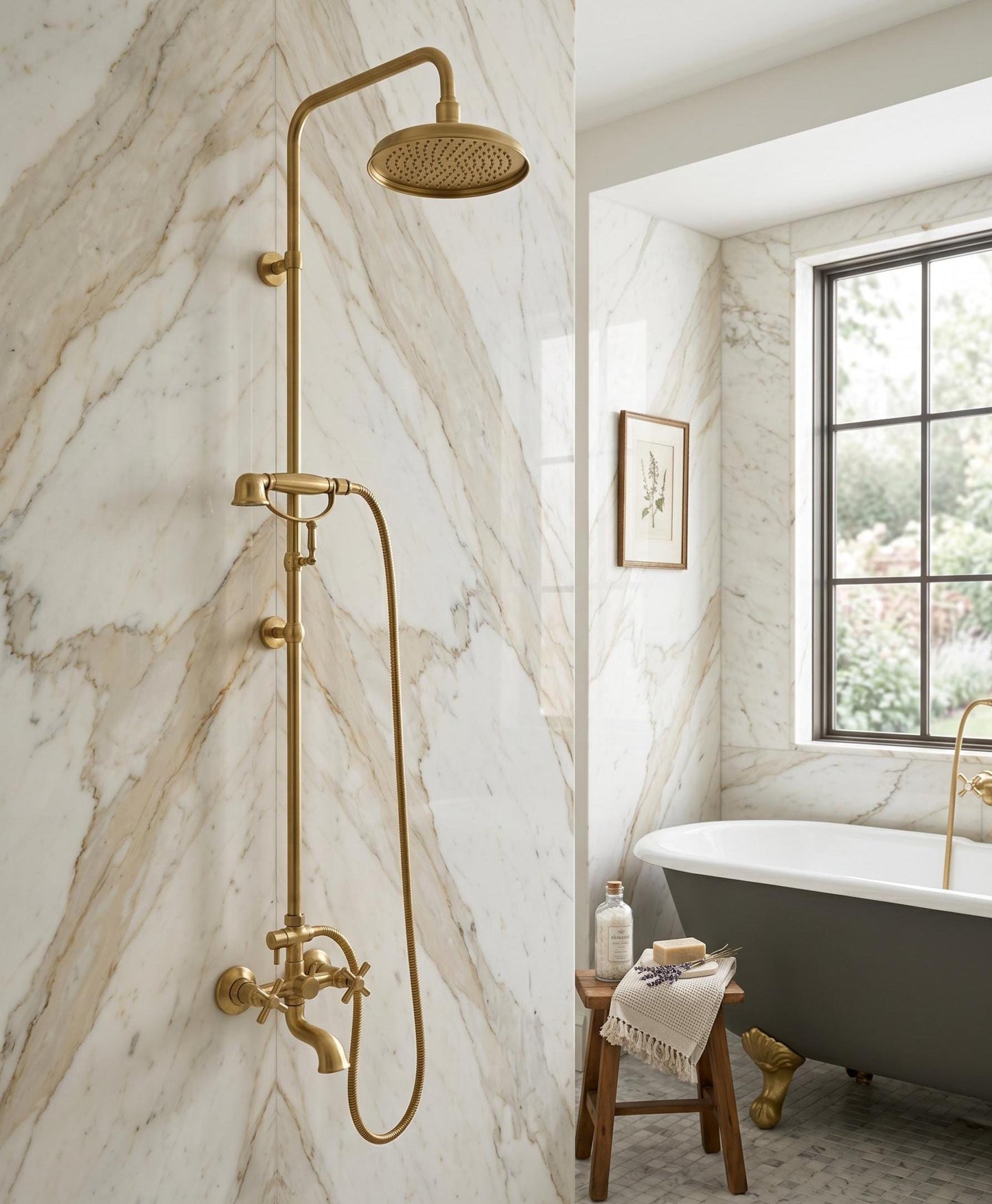 Unlacquered Brass Rainfall Shower System with handheld