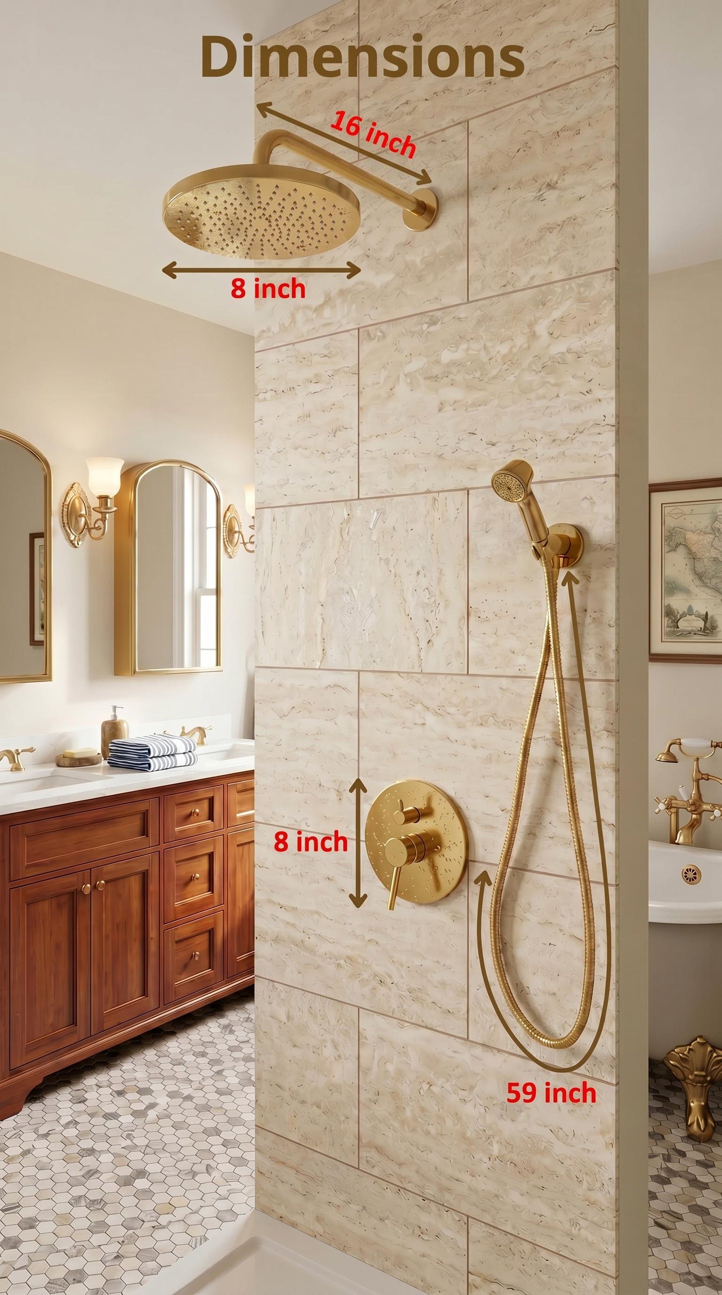 Unlacquered Solid Brass Shower System, Wall Mounted Rain Shower.