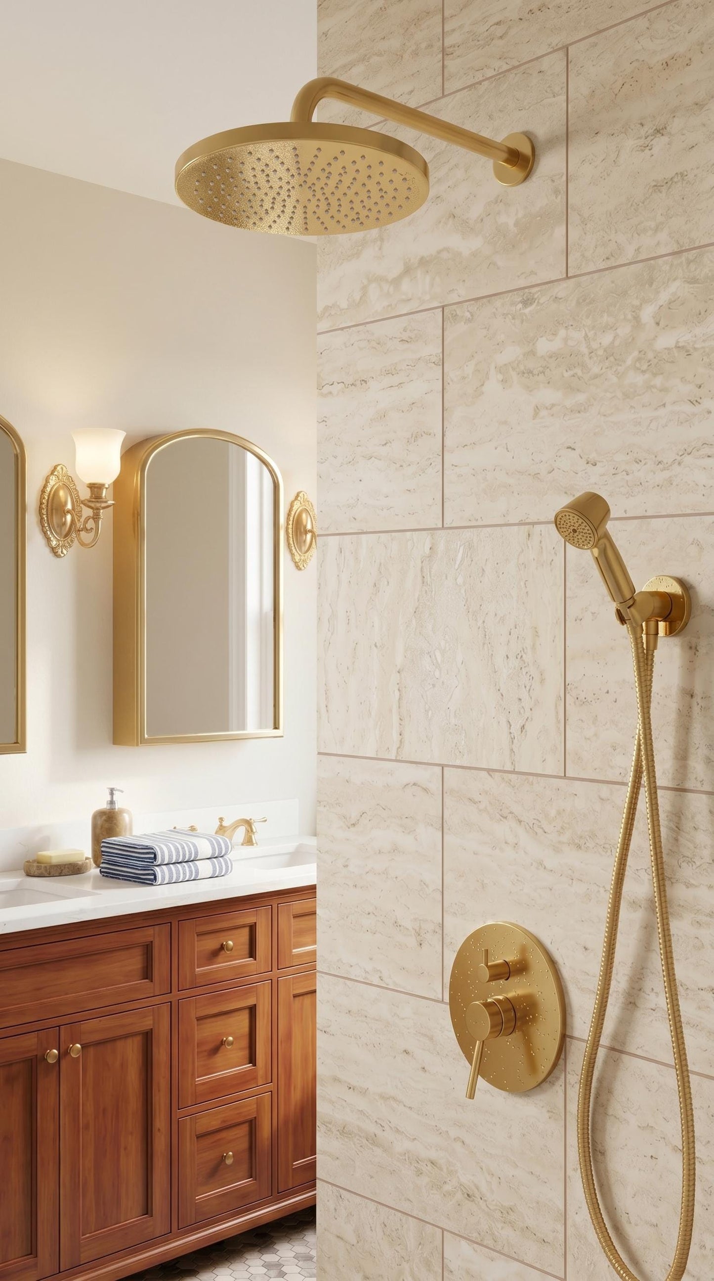 Unlacquered Solid Brass Shower System, Wall Mounted Rain Shower.