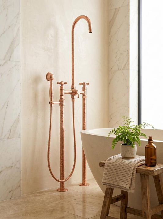 Engraved Unlacquered Copper Floor-Mount Tub Filler with Handshower.