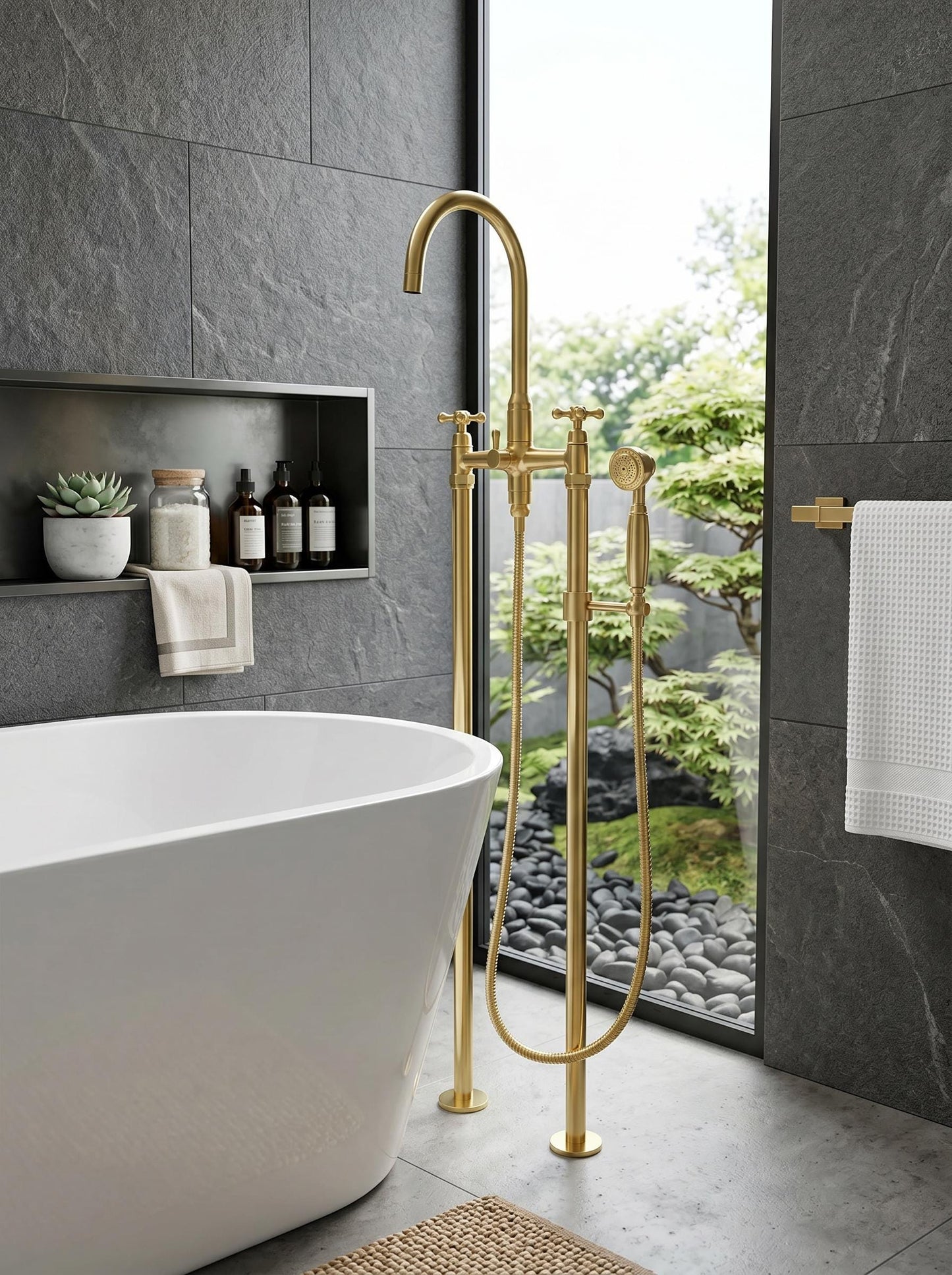 Unlacquered Solid Brass Freestanding Tub Filler, Floor Mounted with Hand Shower.