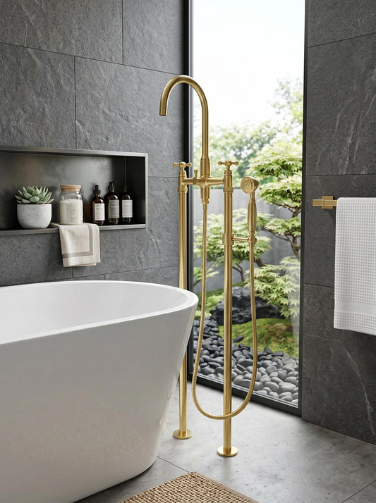 Unlacquered Solid Brass Freestanding Tub Filler, Floor Mounted with Hand Shower.