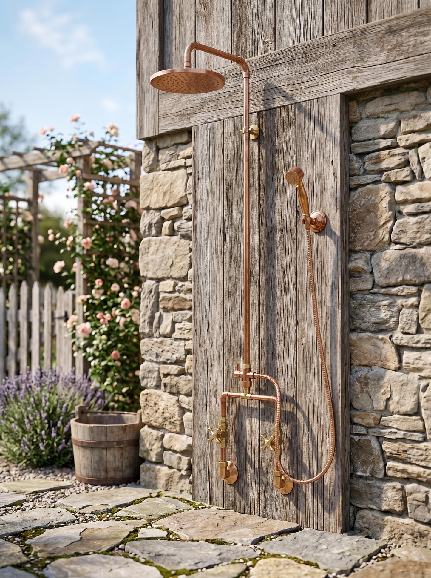 Unlacquered Solid Copper Outdoor Shower System with Handheld.