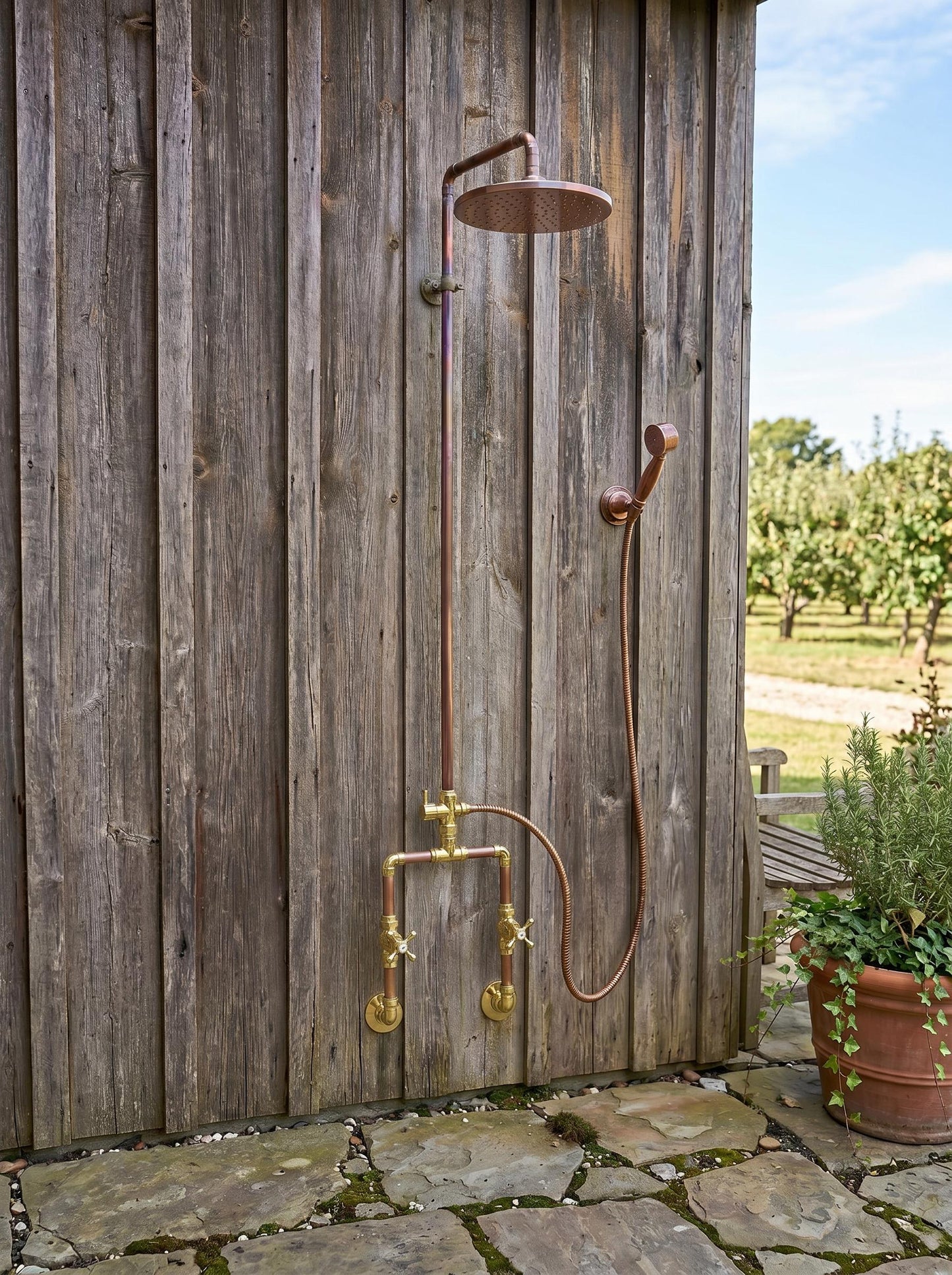 Unlacquered Solid Copper Outdoor Shower System with Handheld.