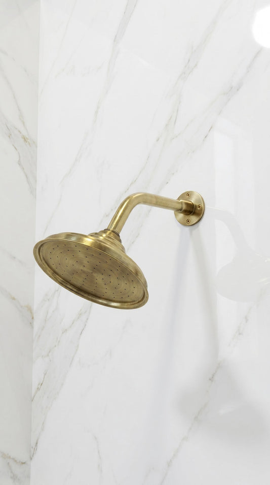 Unlacquered Brass Standard Shower Arm Extension With Shower Head.