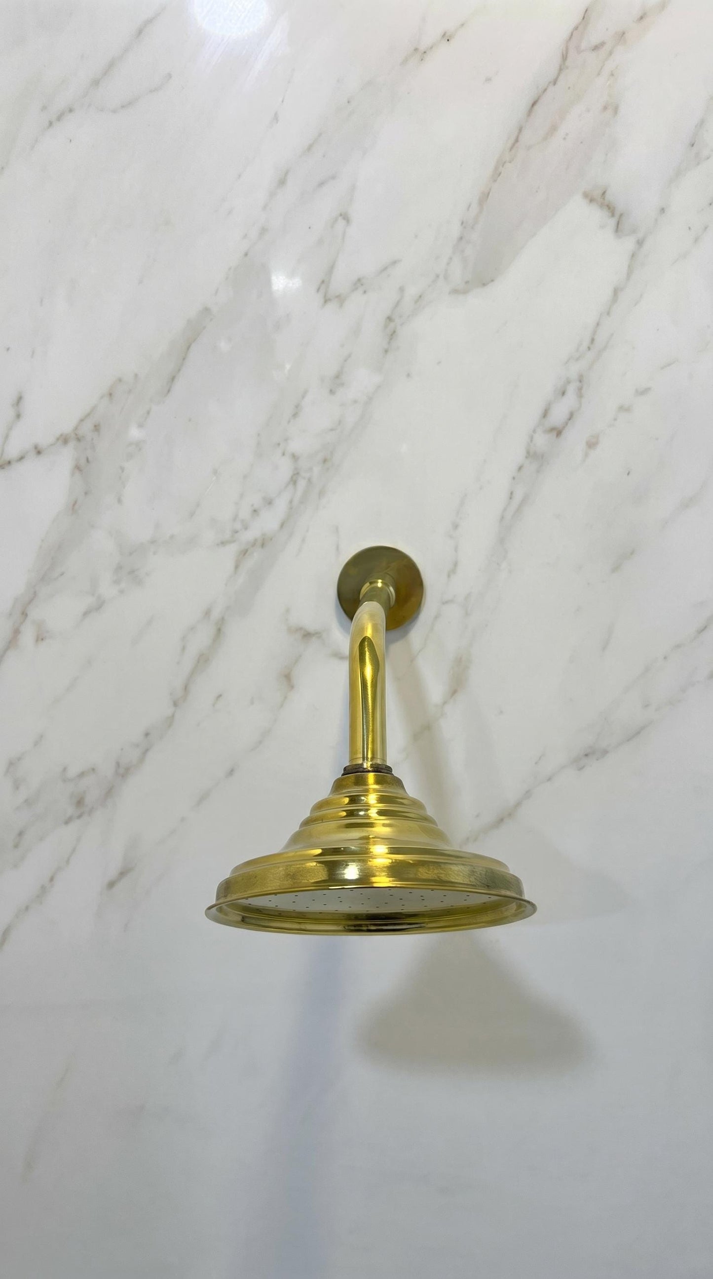 Unlacquered Brass Standard Shower Arm Extension With Shower Head.